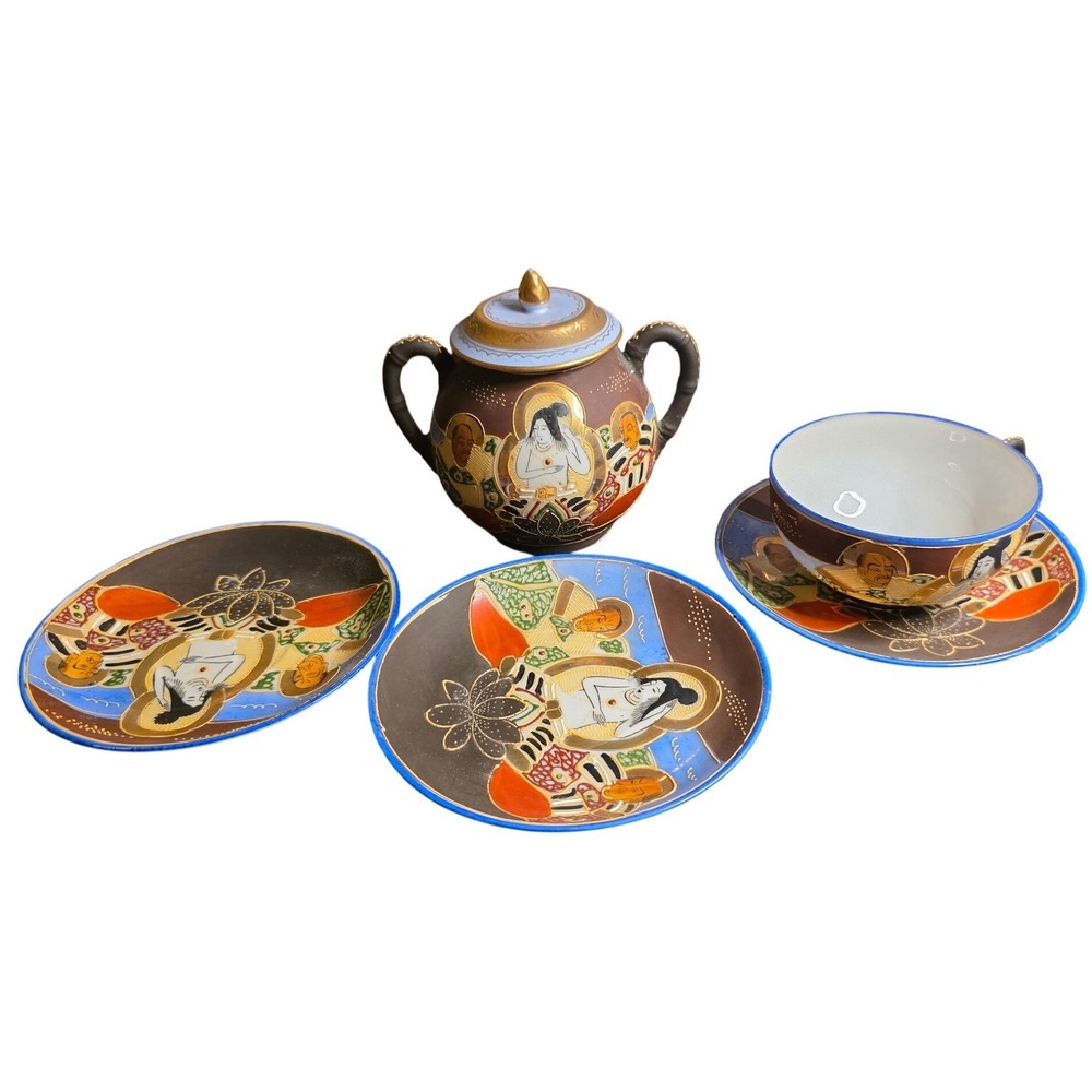 Tea Set Japanese Satsuma Moriage Antique 5pc Immortal Figures Brown Blue Gold